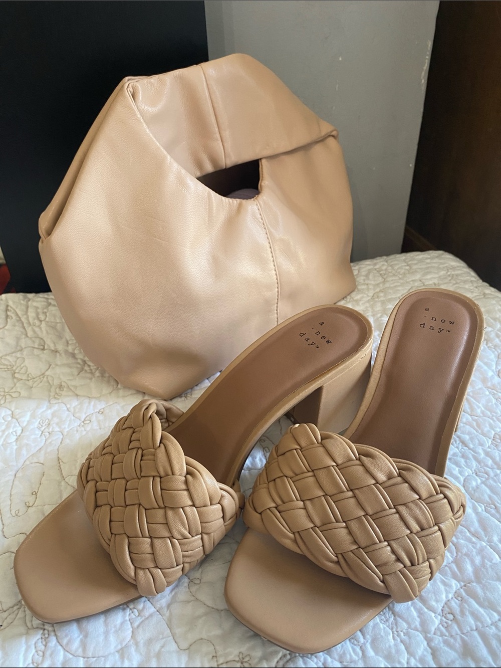 a new day Tan Braided Block Heel Slide Mules and matching Handbag included - Picture 4 of 6